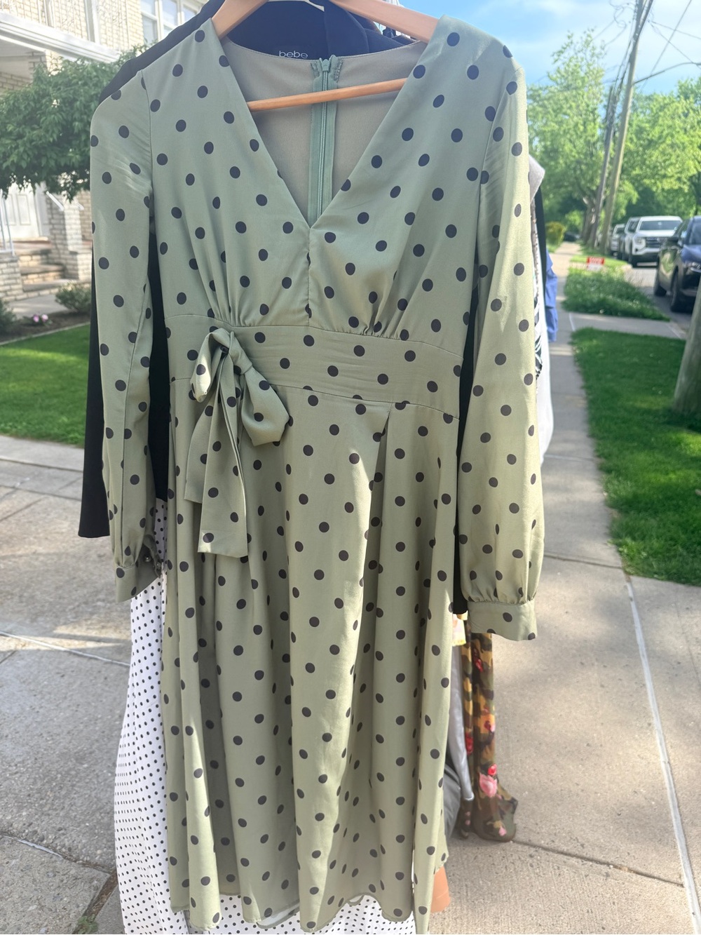 bebe olive green polka dot wrap-style midi dress